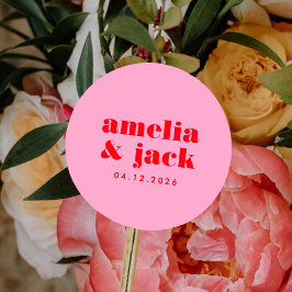 Bright Bold Rosa och Red Modern Monogram Bröllop Runt Klistermärke