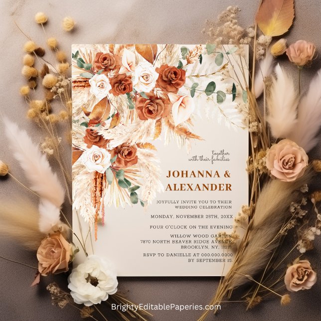 Bright Bold Terracotta Boho Bohemian Bröllop Inbjudningar (Bright Bold Terracotta Invitations: Perfect for Your Boho Wedding.)