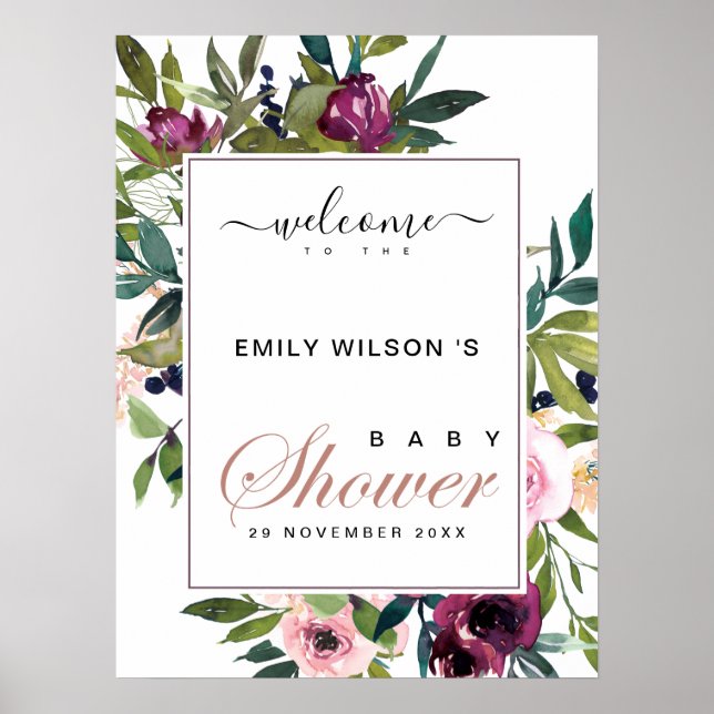 BRIGHT  BURGUNDY BLOMMIGT BABY SHOWER WELCOME POSTER (Framsidan)