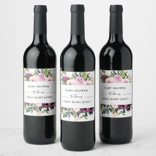 BRIGHT BURGUNDY BLOMMIGT BUNCH BABY SHOWER VINFLASKA ETIKETT