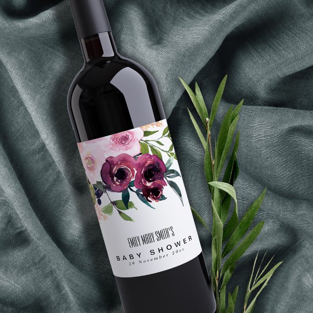 BRIGHT  BURGUNDY BLOMMIGT BUNCH BABY SHOWER VINFLASKA ETIKETT (Skapare uppladdad)