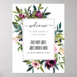 BRIGHT  BURGUNDY BLOMMIGT BUNCH BRÖLLOP WELCOME POSTER
