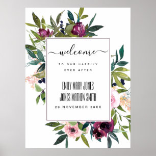 BRIGHT BURGUNDY BLOMMIGT BUNCH BRÖLLOP WELCOME POSTER
