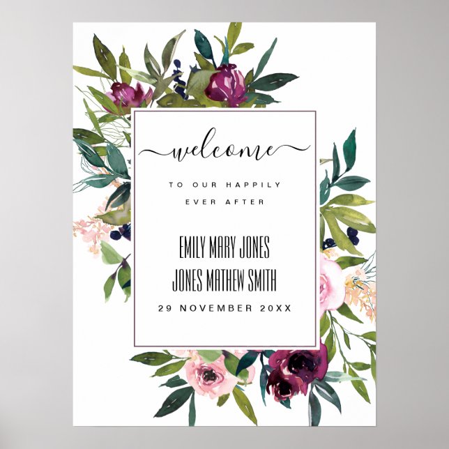 BRIGHT  BURGUNDY BLOMMIGT BUNCH BRÖLLOP WELCOME POSTER (Framsidan)