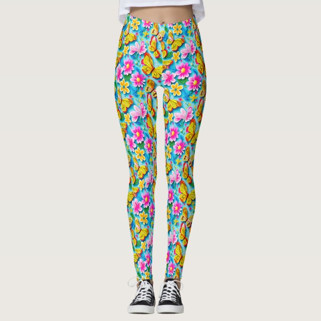 Bright Butterfly Mönster Leggings (Framsida)