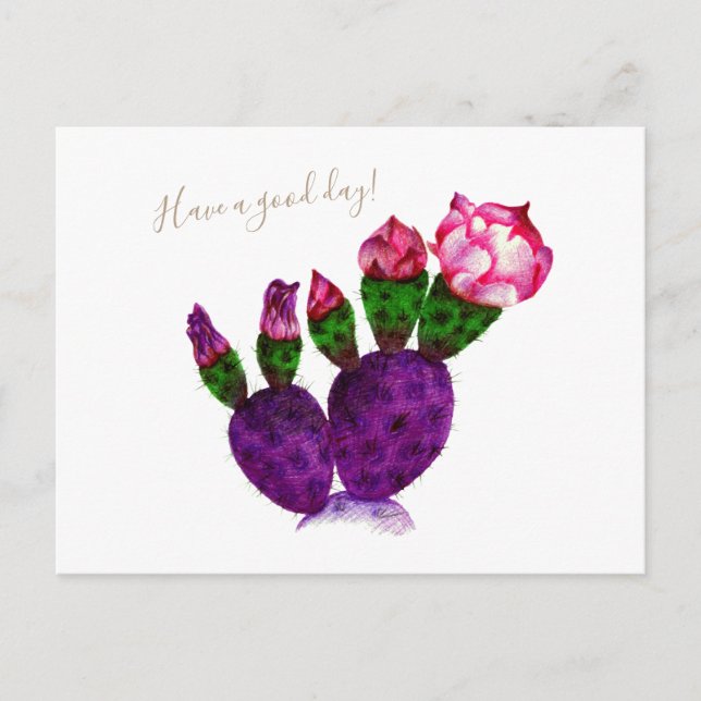 Bright Cactus with Flower Pen Teckning botanical Vykort (Framsida)