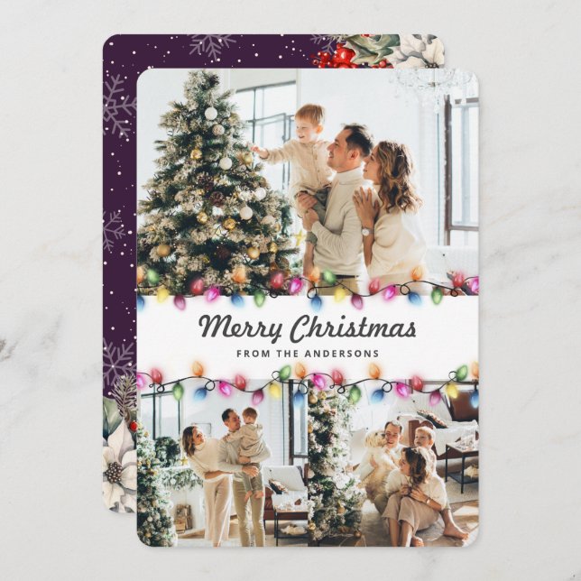 Bright Christmas Lights Purple Botanical Photo Julkort (Fram/baksida)