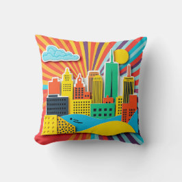 Bright Cityscape Collage på 1960-talet Stil Kudde