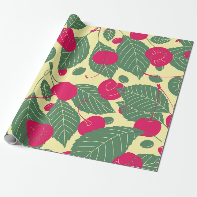 Bright color summer pattern with cherries. Illustr Presentpapper (Utrullad)