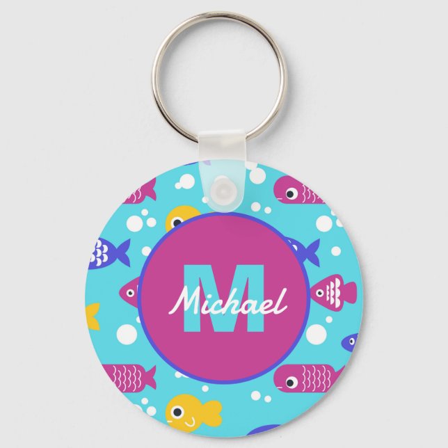 Bright Colorful Cartoon Fish Pattern Kids Name Nyckelring (Framsida)
