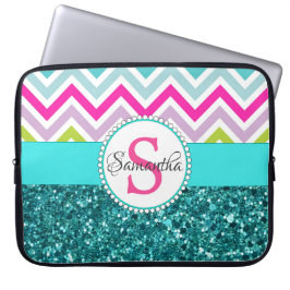 Bright Colorful Chevrons | Teal Turcos Glitter Laptop Fodral