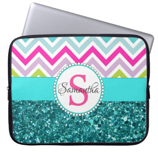 Bright Colorful Chevrons | Teal Turcos Glitter Laptop Fodral