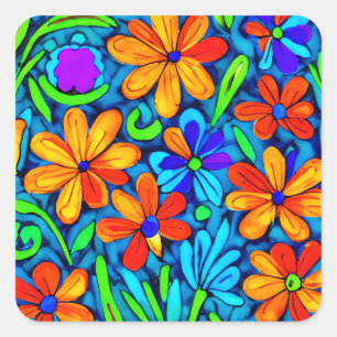 Bright Colorful Folk Art Flowers Fyrkantigt Klistermärke