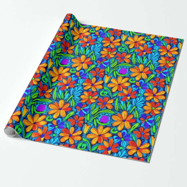 Bright Colorful Folk Art Flowers Presentpapper (Utrullad)
