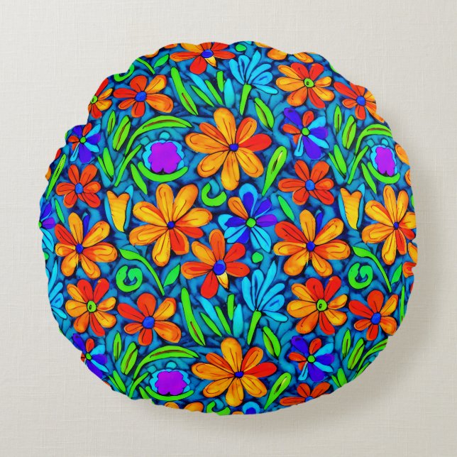 Bright Colorful Folk Art Flowers Rund Kudde (Framsidan)