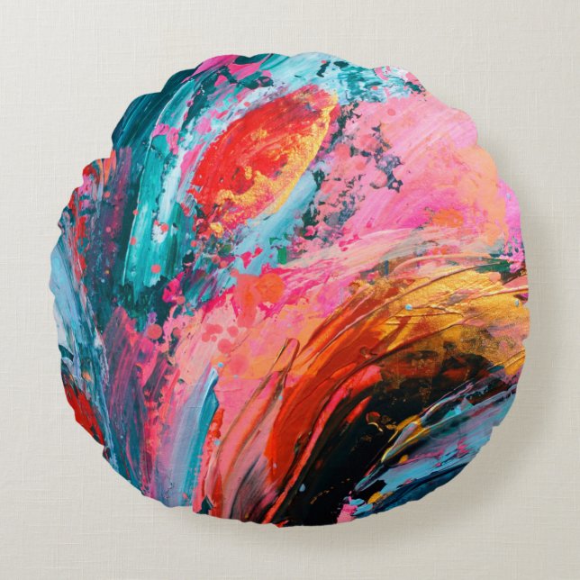 Bright colorful hand painted abstract backgroundar rund kudde (Framsidan)