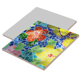 Bright Colorful Mosaic Red och Gula blommor Kakelplatta