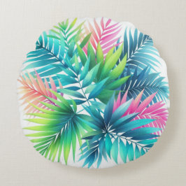 Bright Colorful Tropical Handflatan Löv Rosa Aqua Rund Kudde