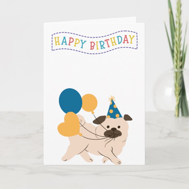 Bright & Cute Pug Birthday Kort (Framsida)