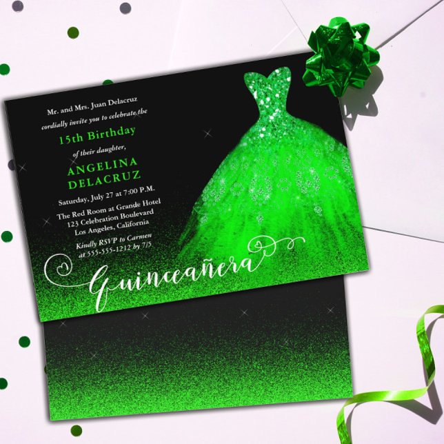 Bright Emerald Grönt Spain Gown Quinceañera Inbjudningar (Skapare uppladdad)
