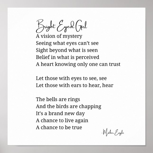 Bright Eyed Girl Inspirational Dikt Wall Art Poster (Framsidan)