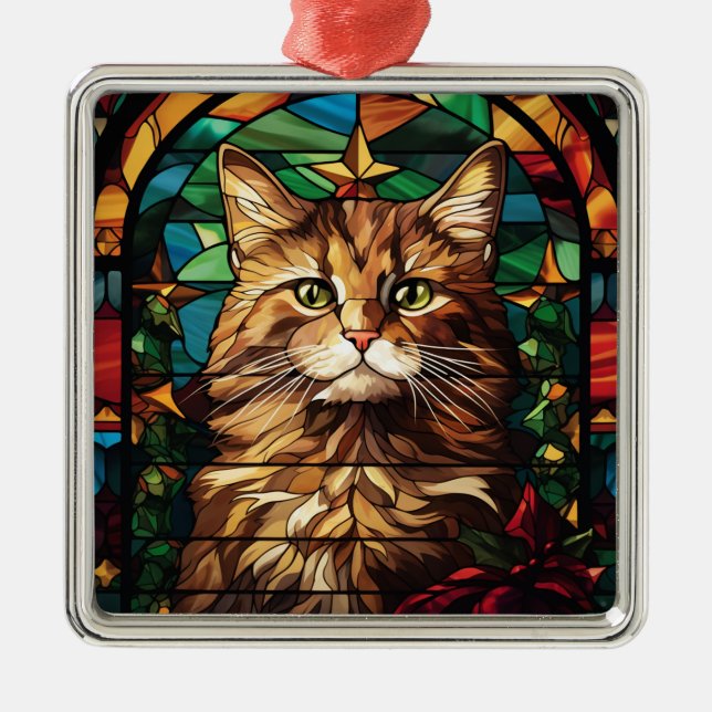BRIGHT FÄRGAD STAINED GLAS CHRISTMAS CAT ANSIKTE JULGRANSPRYDNAD METALL (Framsidan)