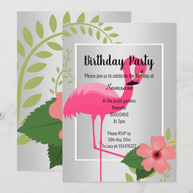 BRIGHT FLAMINGO HIBISCUS SILVER BIRTHDAY INBJUDNINGAR (Fram/baksida)