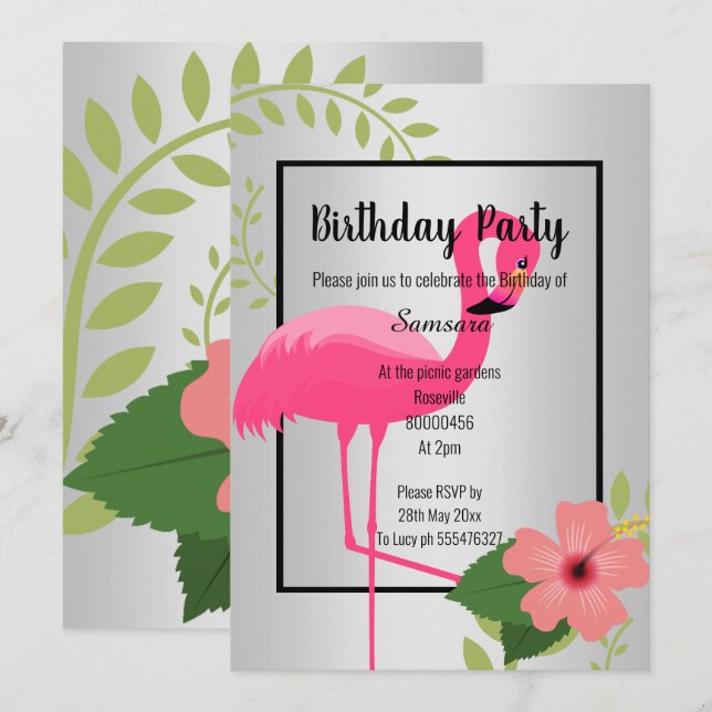 BRIGHT FLAMINGO HIBISCUS SILVER BLACK BIRTHDAY INBJUDNINGAR (Fram/baksida)