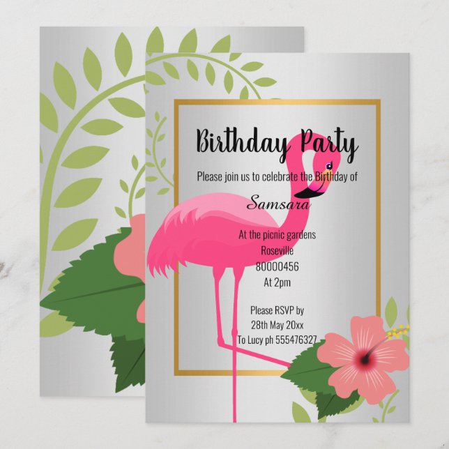 BRIGHT FLAMINGO HIBISCUS SILVER GULD BIRTHDAY INBJUDNINGAR (Fram/baksida)