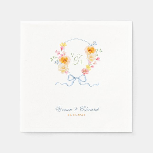 Bright Floral Crest Monogram Spring Wedding Pappersservett (Framsidan)