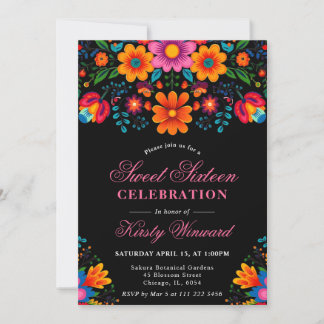 Bright Floral Mexican Folk Art Sweet 16 Inbjudningar
