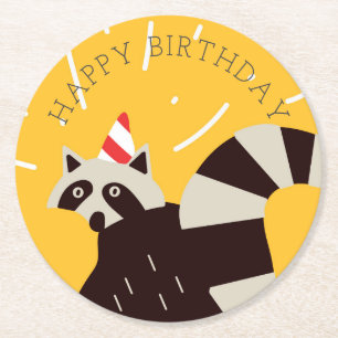 Bright Funky Grattis på födelsedagen Raccoon Pappe Underlägg Papper Rund