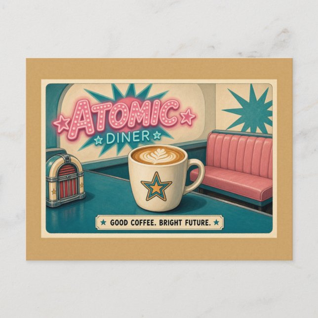 Bright Future Retro Atomic Diner Star Latte Vykort (Framsida)