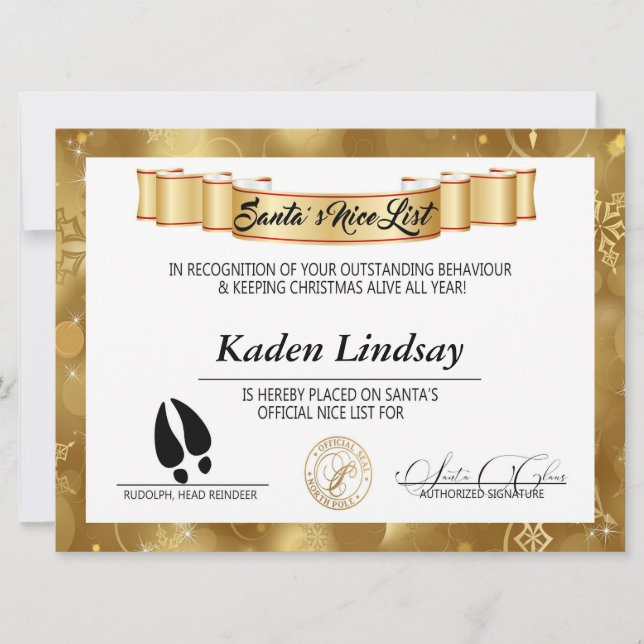 Bright Golden Santa's Nice List Julkort (Framsida)