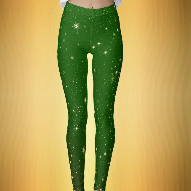 Bright Golden Twinkle Stars Mörk grönt Chrismtas Leggings (Dark green womans leggings with gold sparkle like twinkle stars for Christmas season.)