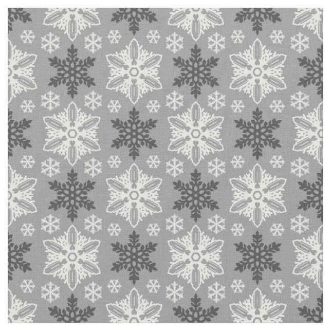 Bright Grått Black Winter White Snowflake Mönster Tyg (Närbild)