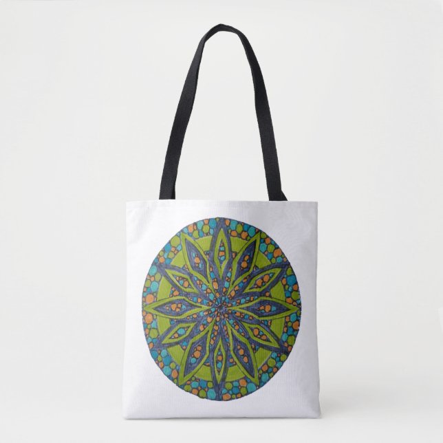 Bright Green/Navy Starburst Mandala Tote Bag Tygkasse (Framsida)