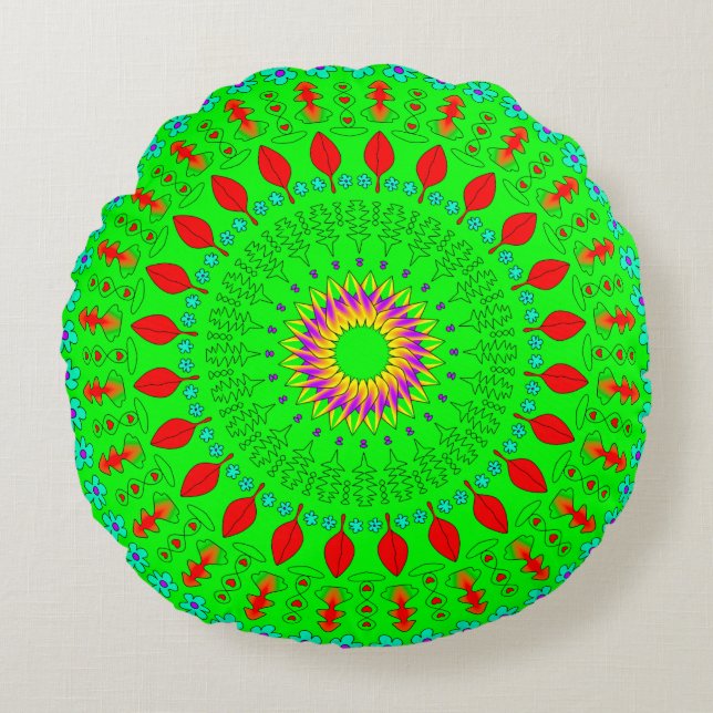 Bright Green Round Bohemian Throw Pillow Rund Kudde (Framsidan)
