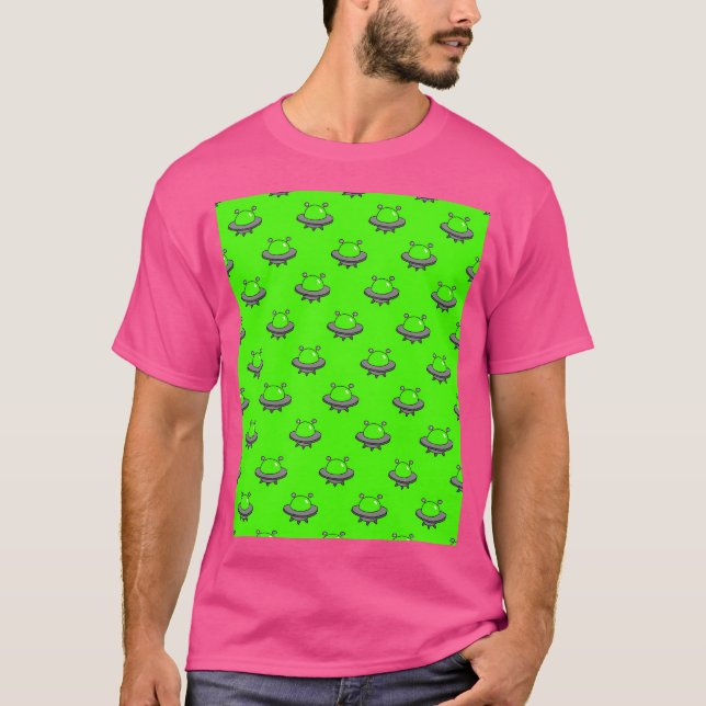 Bright Grönt Alien Ufo Mönster T Shirt (Framsida)