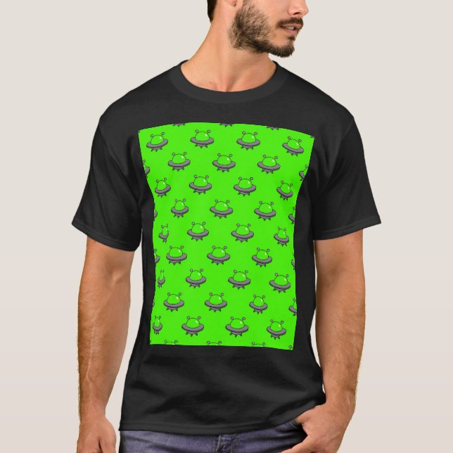 Bright Grönt Alien Ufo Mönster T Shirt (Framsida)