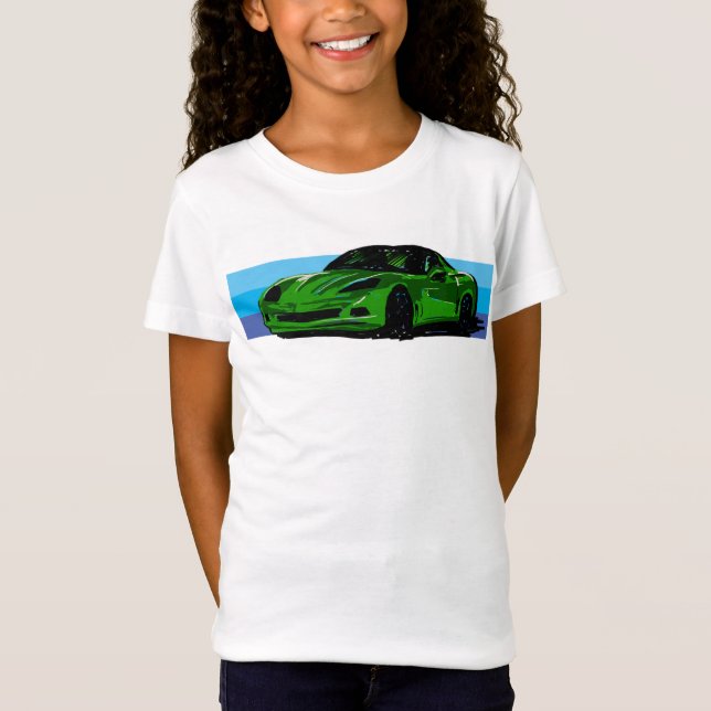 Bright Grönt Corvette C6 med Blue Rand T Shirt (Framsida)