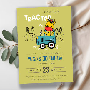Bright Grönt Giraffe in Farm Tractor Boys Birthday Inbjudningar