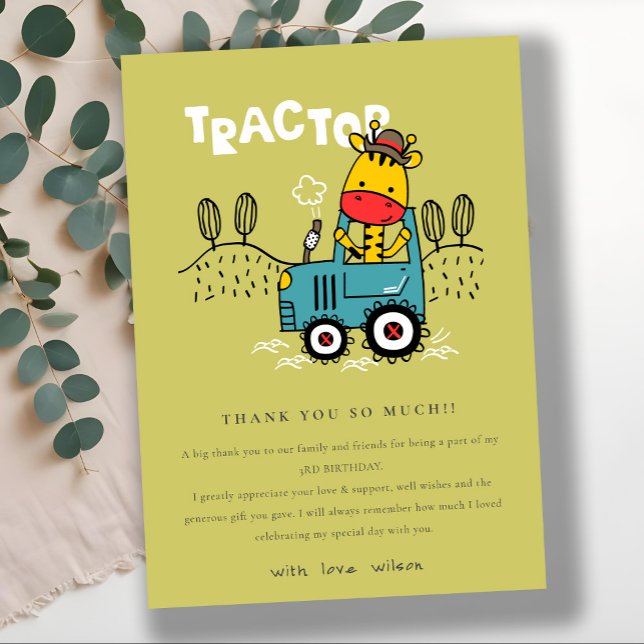 Bright Grönt Giraffe in Farm Tractor Boys Birthday Tack Kort (Skapare uppladdad)