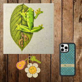 Bright Grönt Gliding Träd Frog på Vintage White Kakelplatta