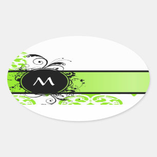 Bright grönt monogram mönster ovalt klistermärke
