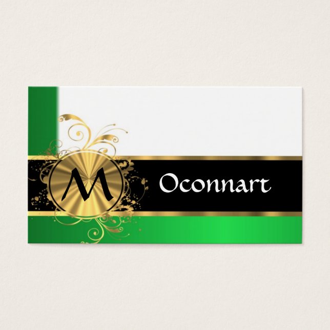 Bright grönt och guld monogram visitkort (Framsidan)