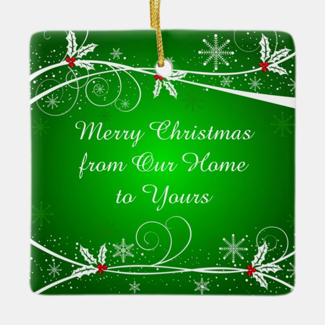 Bright Grönt Red and White Holly Ornate Swirls Julgransprydnad Keramik (Framsida)