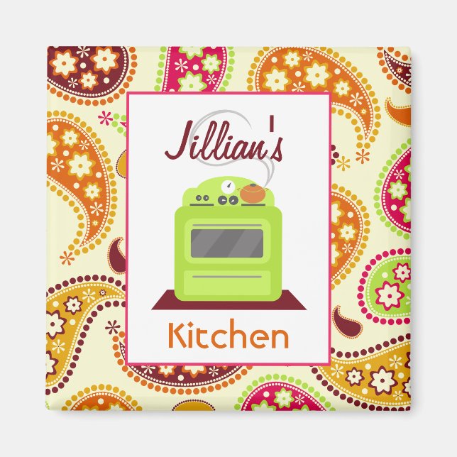 Bright Grönt Retro Stove & Paisley Kitchen Magnet (Framsidan)