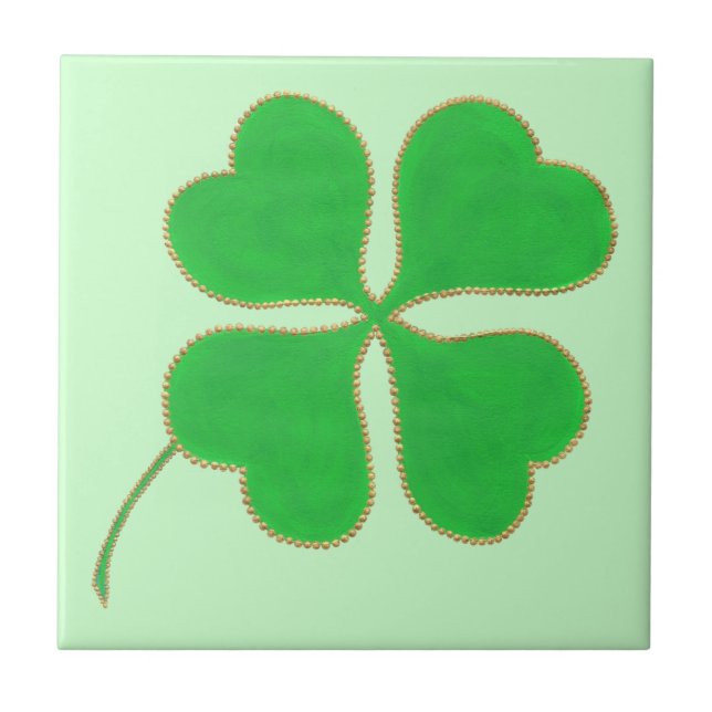 Bright Grönt Shamrock Trimmed i Guld Dots på brick Kakelplatta (Framsidan)