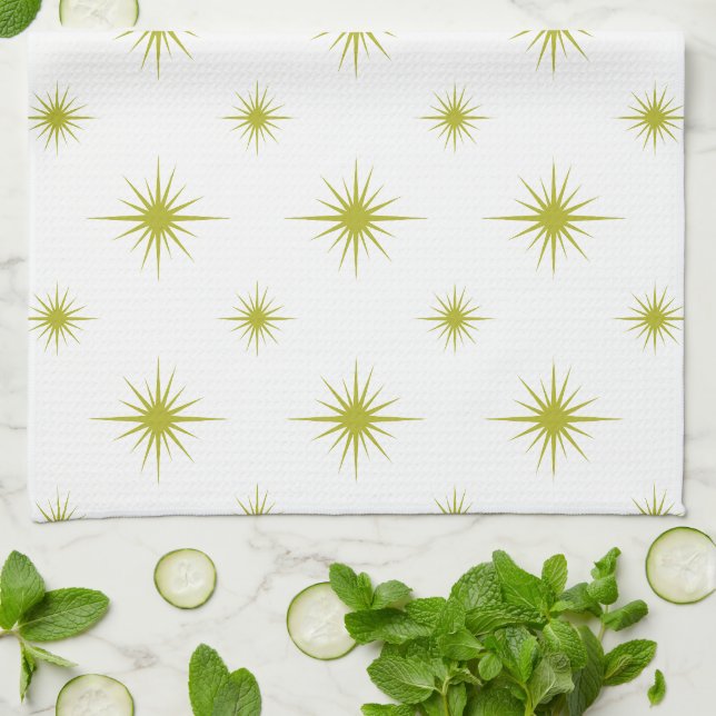 Bright Grönt Starburst Mönster Retro Mid Century Kökshandduk (Vikta)